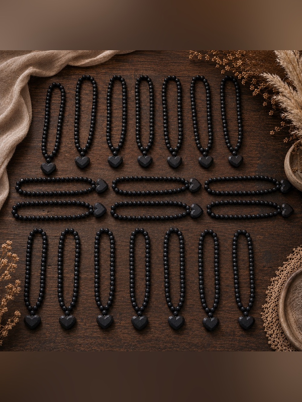 NWOT Set of 20 Black Wooden Heart Beaded Necklaces • 32” Overhead • Party Favors